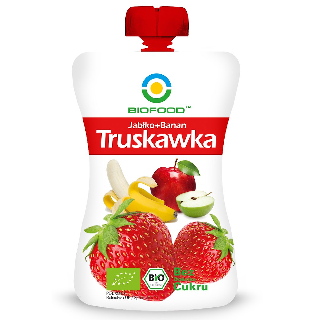 MUS JABŁKO - BANAN - TRUSKAWKA BEZ DODATKU CUKRÓW BEZGLUTENOWY BIO 200 g - BIOFOOD