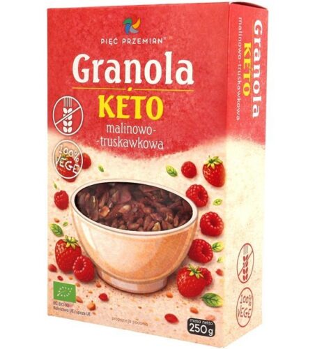 GRANOLA MALINOWO - TRUSKAWKOWA BEZ DODATKU CUKRÓW BEZGLUTENOWA KETO BIO 250 g - PIĘĆ PRZEMIAN